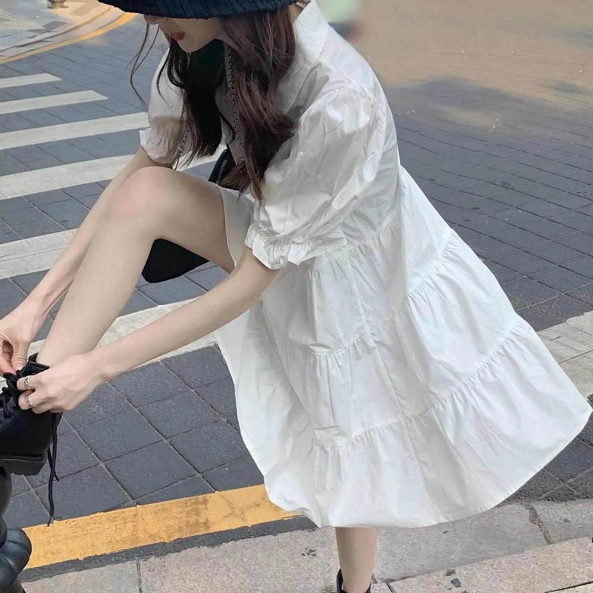 Puff sleeve dress suit women's autumn and summer new Korean-style ins temperament mid-length first love shirt dress two-piece set