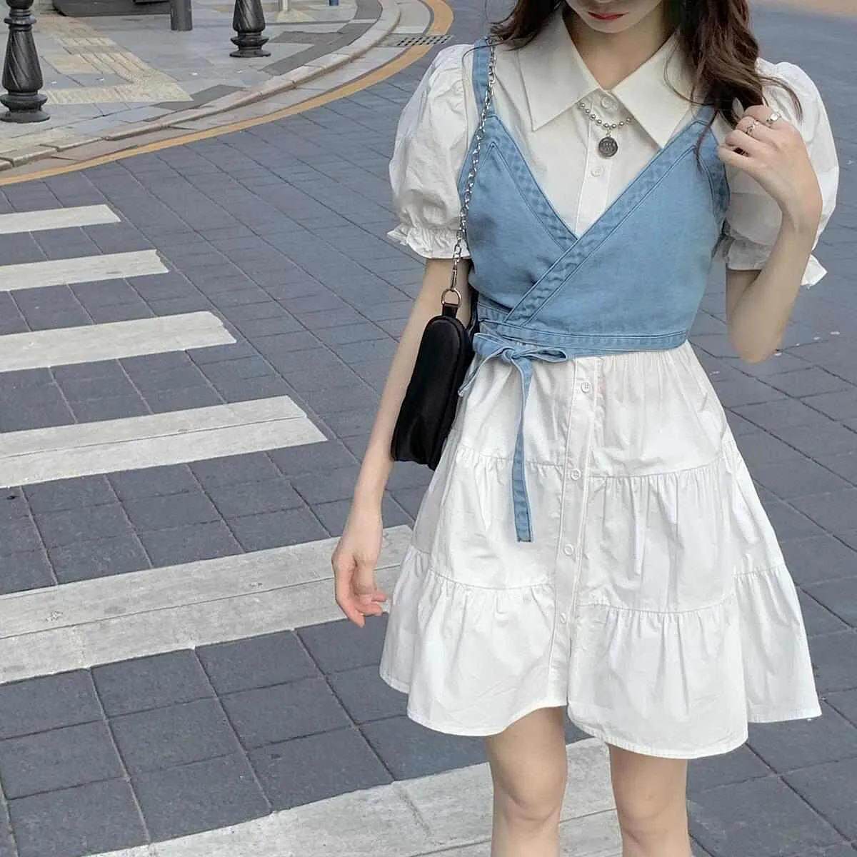 Puff sleeve dress suit women's autumn and summer new Korean-style ins temperament mid-length first love shirt dress two-piece set