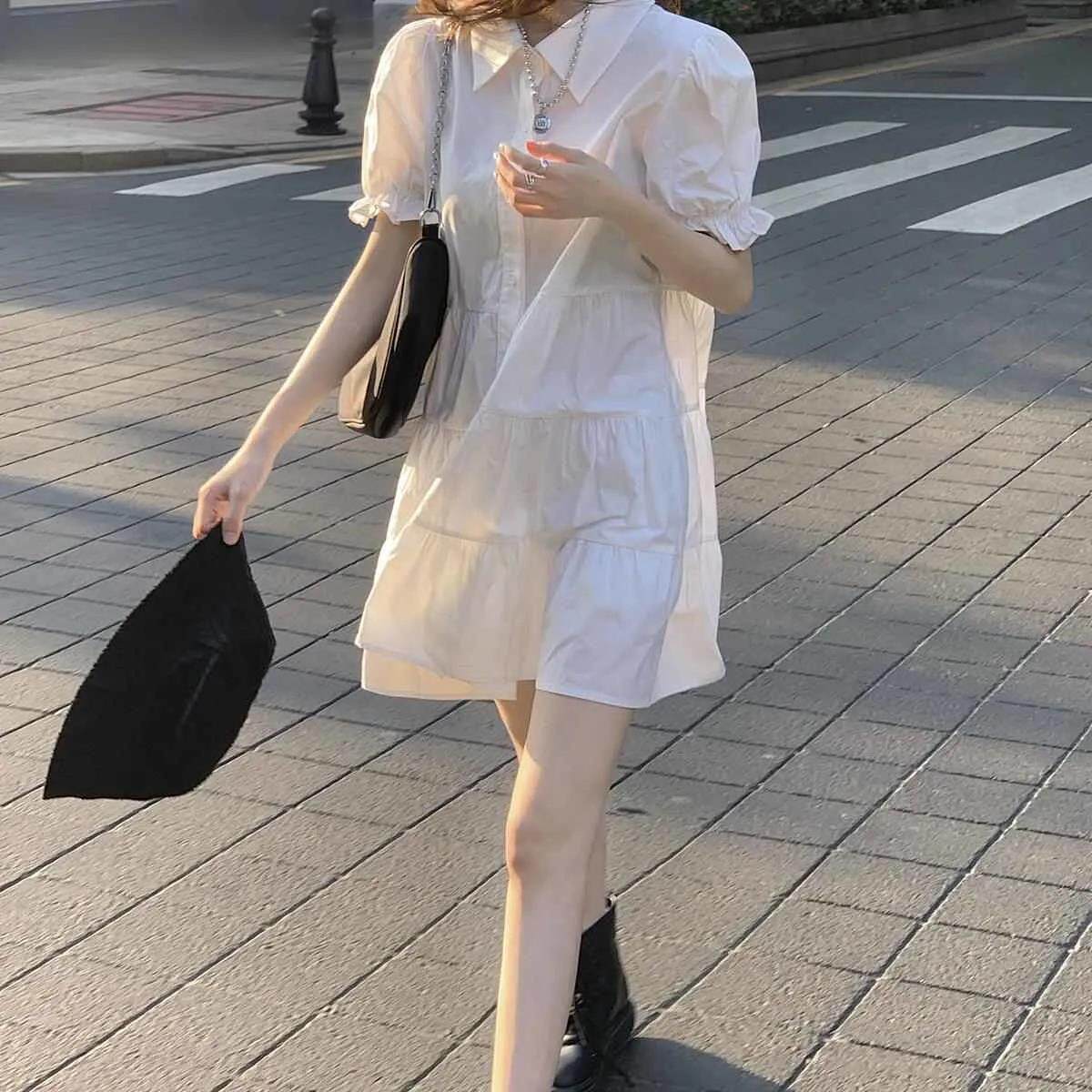 Puff sleeve dress suit women's autumn and summer new Korean-style ins temperament mid-length first love shirt dress two-piece set